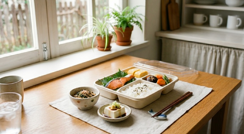 宅配弁当にふりかけや冷奴の小鉢をちょい足しした、温かみのある食卓の風景