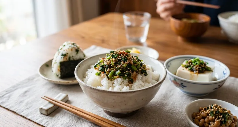 白ご飯の上に盛られた、ごまと炒めた大根の葉ふりかけ。おにぎり、冷奴、納豆への応用例も並ぶ。