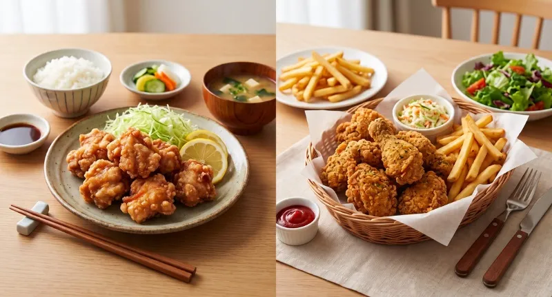 和風の唐揚げ定食と洋風フライドチキンの比較