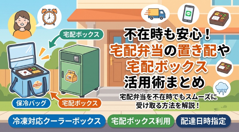 不在時も安心！宅配弁当の置き配、宅配ボックス、冷凍対応クーラーボックス、配達日時指定などの活用術をまとめたアイキャッチ画像。