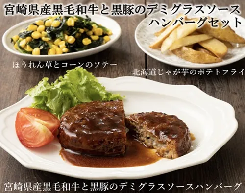 わんまいるの宮崎県産黒毛和牛と黒豚のデミグラスソースハンバーグセット